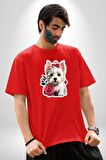 Beyaz Highland Teriyeri Kırmızı Gül Pamuklu Bisiklet Yaka Kadın Erkek Oversize Boyfriend Dijital Baskılı Kırmızı T-Shirt