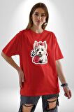 Beyaz Highland Teriyeri Kırmızı Gül Pamuklu Bisiklet Yaka Kadın Erkek Oversize Boyfriend Dijital Baskılı Kırmızı T-Shirt