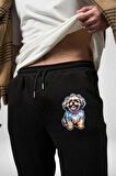 Shih Tzu Renkli Köpek Pamuklu 3 İplik Siyah Eşofman Altı Erkek Oversize Kesim Dijital Baskılı