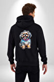 Shih Tzu Renkli Köpek Kadın Erkek Siyah Renk Kapüşonlu Kanguru Cepli  Fermuarlı Pamuklu Oversize Dijital Baskılı Hırka Sweatshirt
