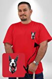 Doberman Kırmızı Dil Kırmızı Dik Kulak Kırmızı Büyük Beden Kadın Basic Minimal Baskılı Tişört