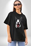 Doberman Kırmızı Dil Siyah Dik Kulak Pamuklu Bisiklet Yaka Kadın Erkek Oversize Boyfriend Dijital Baskılı Siyah T-shirt