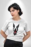 Doberman Kırmızı Dil Siyah Dik Kulak Kadın Erkek Unisex Beyaz Organik Baskılı T-Shirt Penye Yüksek Kalite