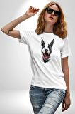 Doberman Kırmızı Dil Siyah Dik Kulak Kadın Erkek Unisex Beyaz Organik Baskılı T-Shirt Penye Yüksek Kalite