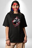 Çiçekli Goril  Doğa Pamuklu Bisiklet Yaka Kadın Erkek Oversize Boyfriend Dijital Baskılı Siyah T-shirt