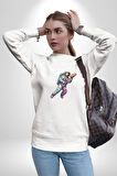 Pizza Servisi Uzay Kurye  Kadın Erkek  Beyaz Baskılı Sweatshirt 