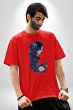 Cadılar Siyah Güller  Pamuklu Bisiklet Yaka Kadın Erkek Oversize Boyfriend Dijital Baskılı Kırmızı T-Shirt