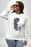 Cadılar Siyah Güller  Kadın Erkek  Beyaz Baskılı Sweatshirt 