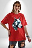 Robot Cyborg Köpek Doberman  Pamuklu Bisiklet Yaka Kadın Erkek Oversize Boyfriend Dijital Baskılı Kırmızı T-Shirt
