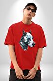 Robot Cyborg Köpek Doberman  Pamuklu Bisiklet Yaka Kadın Erkek Oversize Boyfriend Dijital Baskılı Kırmızı T-Shirt