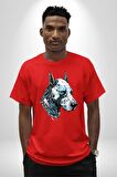 Robot Cyborg Köpek Doberman  Pamuklu Bisiklet Yaka Kadın Erkek Oversize Boyfriend Dijital Baskılı Kırmızı T-Shirt