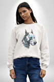 Robot Cyborg Köpek Doberman  Kadın Erkek  Beyaz Baskılı Sweatshirt 