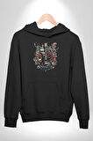 Gitar Kafatası Güller Doğa Uyumu Kadın Erkek  Siyah Kapüşonlu Sweatshirt Hoodie