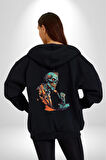 Zombi İskelet Kendine Yumruk  Kadın Erkek Siyah Renk Kapüşonlu Kanguru Cepli  Fermuarlı Pamuklu Oversize Dijital Baskılı Hırka Sweatshirt