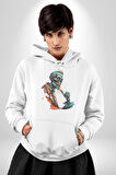 Zombi İskelet Kendine Yumruk  Kadın Erkek  Beyaz Kapüşonlu Sweatshirt Hoodie