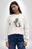 Zombi İskelet Kendine Yumruk  Kadın Erkek  Beyaz Baskılı Sweatshirt 