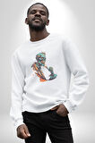 Zombi İskelet Kendine Yumruk  Kadın Erkek  Beyaz Baskılı Sweatshirt 
