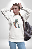 Zombi İskelet Kendine Yumruk  Kadın Erkek  Beyaz Baskılı Sweatshirt 