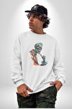 Zombi İskelet Kendine Yumruk  Kadın Erkek  Beyaz Baskılı Sweatshirt 