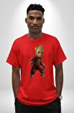 Bebek Groot Guardians Galaxy  Pamuklu Bisiklet Yaka Kadın Erkek Oversize Boyfriend Dijital Baskılı Kırmızı T-Shirt