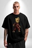 Bebek Groot Guardians Galaxy  Pamuklu Bisiklet Yaka Kadın Erkek Oversize Boyfriend Dijital Baskılı Siyah T-shirt