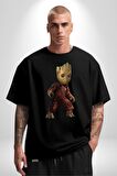 Bebek Groot Guardians Galaxy  Pamuklu Bisiklet Yaka Kadın Erkek Oversize Boyfriend Dijital Baskılı Siyah T-shirt