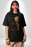 Bebek Groot Guardians Galaxy  Pamuklu Bisiklet Yaka Kadın Erkek Oversize Boyfriend Dijital Baskılı Siyah T-shirt