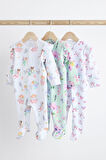 Next Baby % 100 Pamuklu Beyaz Lila Peri Desenli 3’lü Tulum Set