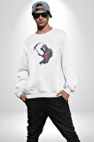 Azrail Kurukafa Ölüm Kadın Erkek  Beyaz Baskılı Sweatshirt 