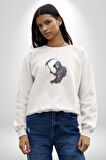 Azrail Kurukafa Ölüm Kadın Erkek  Beyaz Baskılı Sweatshirt 
