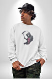 Azrail Kurukafa Ölüm Kadın Erkek  Beyaz Baskılı Sweatshirt 