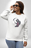 Azrail Kurukafa Ölüm Kadın Erkek  Beyaz Baskılı Sweatshirt 