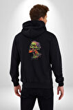 Zombi Kafası Kadın Erkek Siyah Renk Kapüşonlu Kanguru Cepli  Fermuarlı Pamuklu Oversize Dijital Baskılı Hırka Sweatshirt