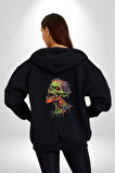 Zombi Kafası Kadın Erkek Siyah Renk Kapüşonlu Kanguru Cepli  Fermuarlı Pamuklu Oversize Dijital Baskılı Hırka Sweatshirt