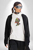 Zombi Kafası Kadın Erkek  Beyaz Kapüşonlu Sweatshirt Hoodie