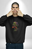 Zombi Kafası Kadın Erkek  Siyah Baskılı Sweatshirt 