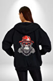Kırmızı Şapkalı Gözlüklü Maymun Kadın Erkek Siyah Renk Kapüşonlu Kanguru Cepli  Fermuarlı Pamuklu Oversize Dijital Baskılı Hırka Sweatshirt