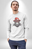 Kırmızı Şapkalı Gözlüklü Maymun Kadın Erkek  Beyaz Baskılı Sweatshirt 