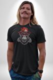 Kırmızı Şapkalı Gözlüklü Maymun Kadın Erkek Unisex Siyah Organik Baskılı T-Shirt Penye Yüksek Kalite