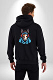 Kulaklıklı Eşşek Müzik Dinlerken Kadın Erkek Siyah Renk Kapüşonlu Kanguru Cepli  Fermuarlı Pamuklu Oversize Dijital Baskılı Hırka Sweatshirt