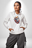 Maske Dövmeli Çiçekli Kız Kadın Erkek  Beyaz Kapüşonlu Sweatshirt Hoodie