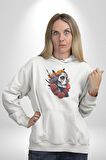 Maske Dövmeli Çiçekli Kız Kadın Erkek  Beyaz Kapüşonlu Sweatshirt Hoodie