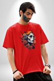 Maske Dövmeli Çiçekli Kız Pamuklu Bisiklet Yaka Kadın Erkek Oversize Boyfriend Dijital Baskılı Kırmızı T-Shirt