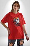 Maske Dövmeli Çiçekli Kız Pamuklu Bisiklet Yaka Kadın Erkek Oversize Boyfriend Dijital Baskılı Kırmızı T-Shirt