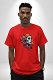 Maske Dövmeli Çiçekli Kız Pamuklu Bisiklet Yaka Kadın Erkek Oversize Boyfriend Dijital Baskılı Kırmızı T-Shirt
