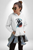 Azrail Ölüm Tanrısı İskelet Kadın Erkek  Beyaz Kapüşonlu Sweatshirt Hoodie