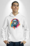 Renkli Maymun Goril Kadın Erkek  Beyaz Kapüşonlu Sweatshirt Hoodie