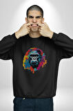Renkli Maymun Goril Kadın Erkek  Siyah Baskılı Sweatshirt 