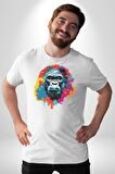 Renkli Maymun Goril Kadın Erkek Unisex Beyaz Organik Baskılı T-Shirt Penye Yüksek Kalite