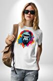 Renkli Maymun Goril Kadın Erkek Unisex Beyaz Organik Baskılı T-Shirt Penye Yüksek Kalite